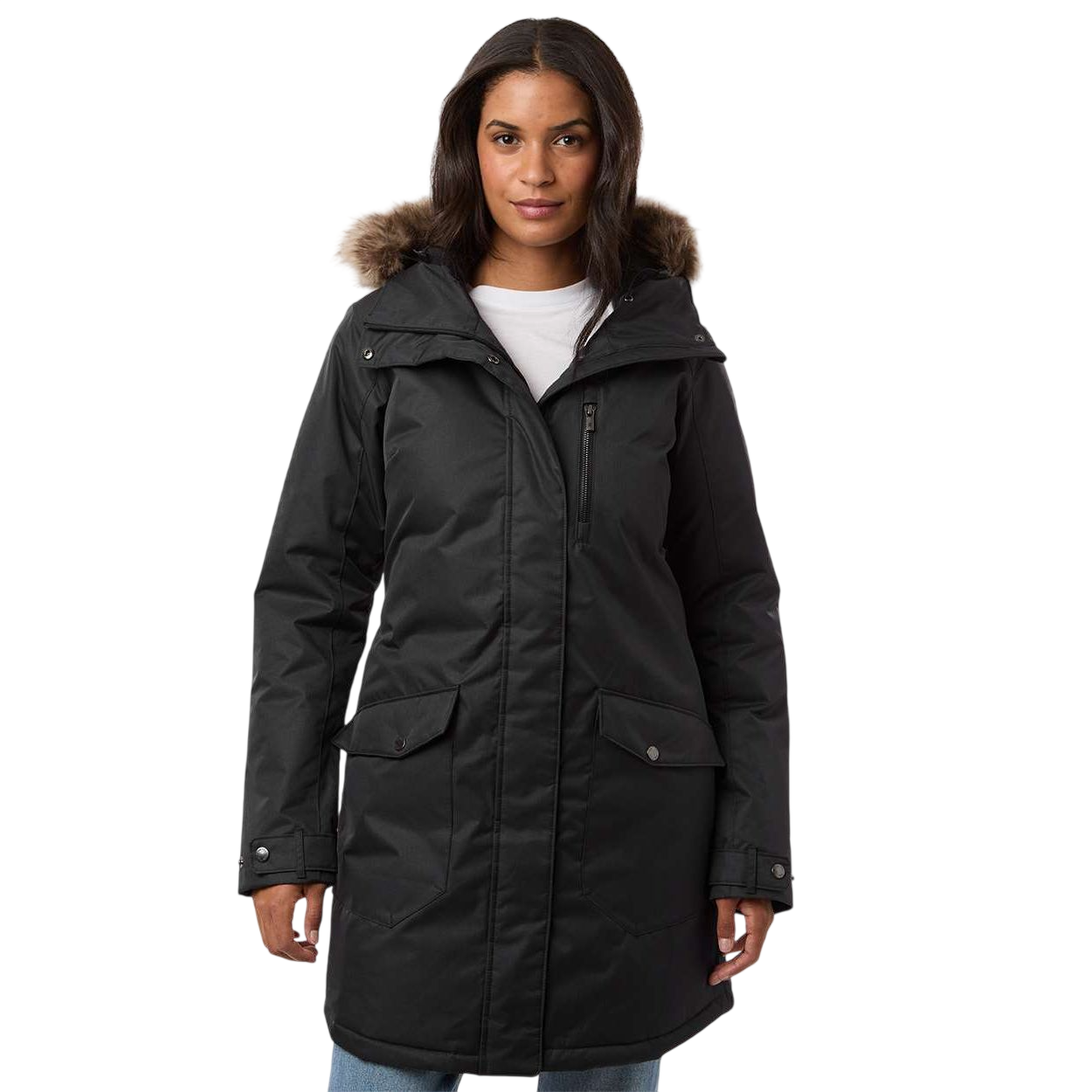 Black Columbia Women’s Suttle Mountain Long Insulated Jacket, a long black polyester winter jacket with an attached hood, faux fur trim, front zipper, and Columbia sleeve patch.