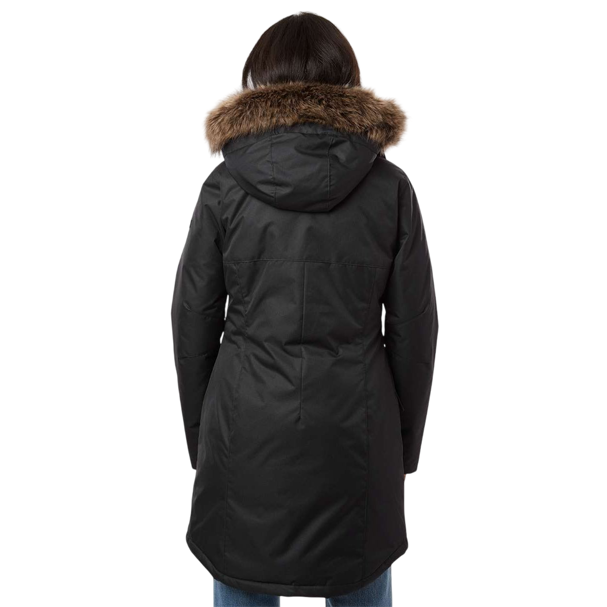 Black Columbia Women’s Suttle Mountain Long Insulated Jacket, a long black polyester winter jacket with an attached hood, faux fur trim, front zipper, and Columbia sleeve patch.