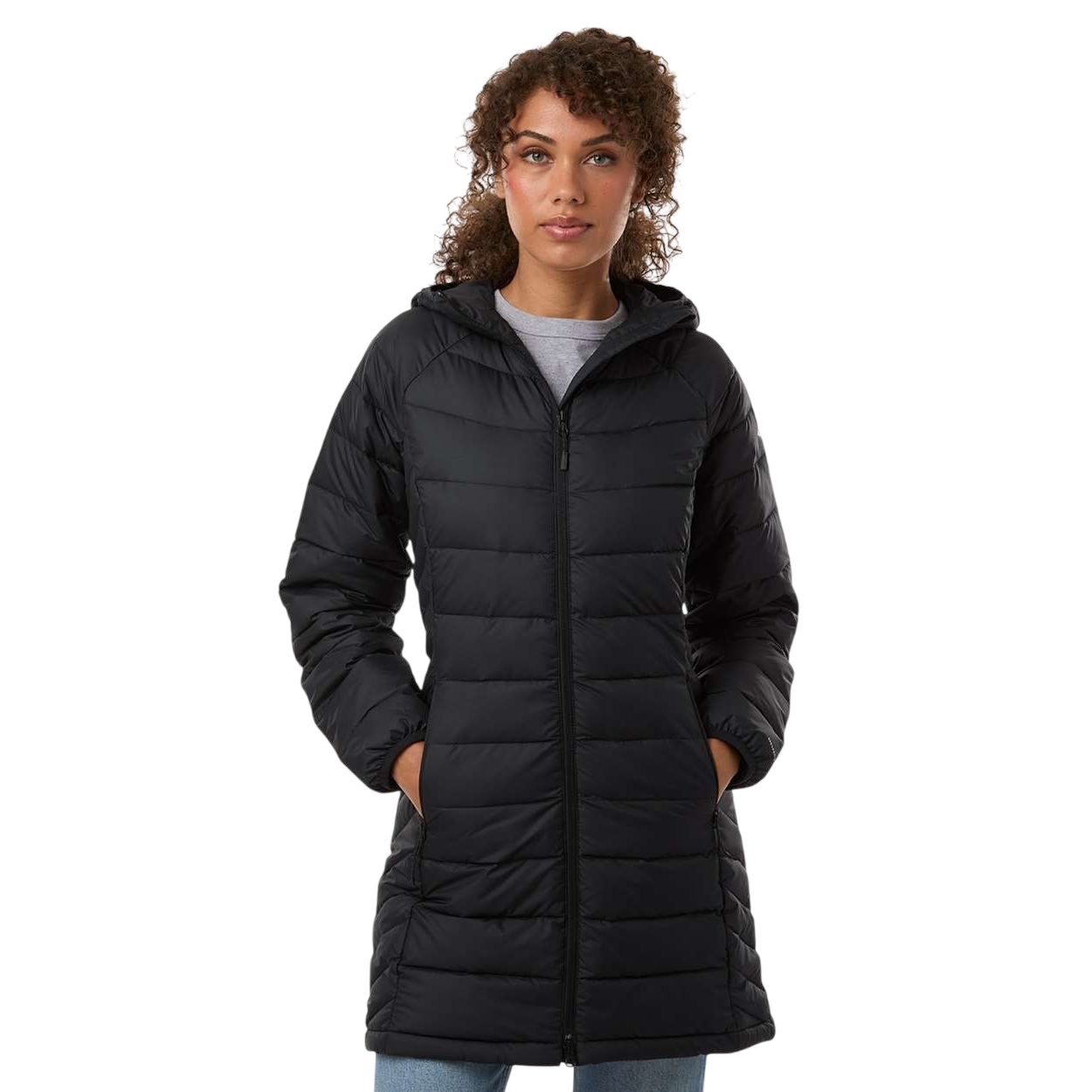 Black Columbia Women’s Powder Lite II Mid Jacket, featuring a quilted polyester shell, attached hood, full-zip front, and mid-length insulated design for lightweight warmth and cold-weather outdoor wear.