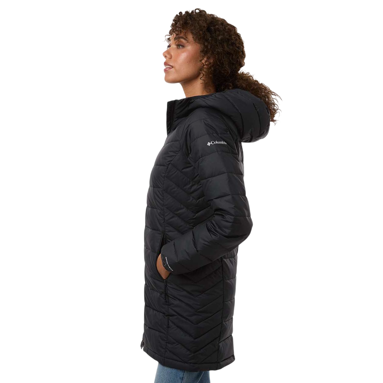 Black Columbia Women’s Powder Lite II Mid Jacket, featuring a quilted polyester shell, attached hood, full-zip front, and mid-length insulated design for lightweight warmth and cold-weather outdoor wear.