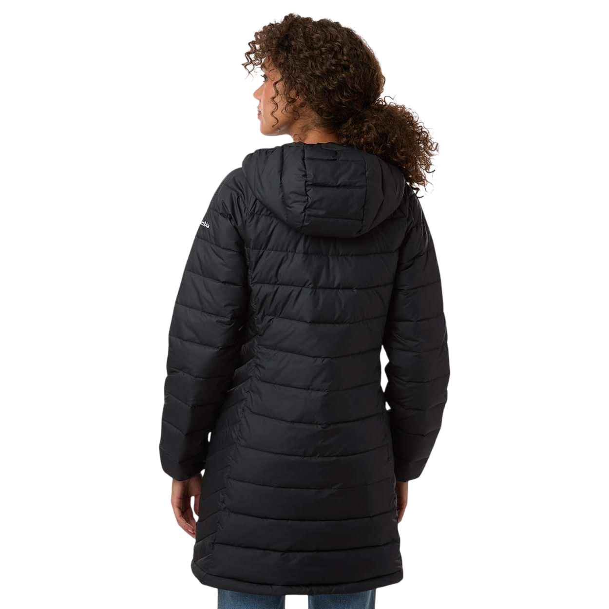 Black Columbia Women’s Powder Lite II Mid Jacket, featuring a quilted polyester shell, attached hood, full-zip front, and mid-length insulated design for lightweight warmth and cold-weather outdoor wear.