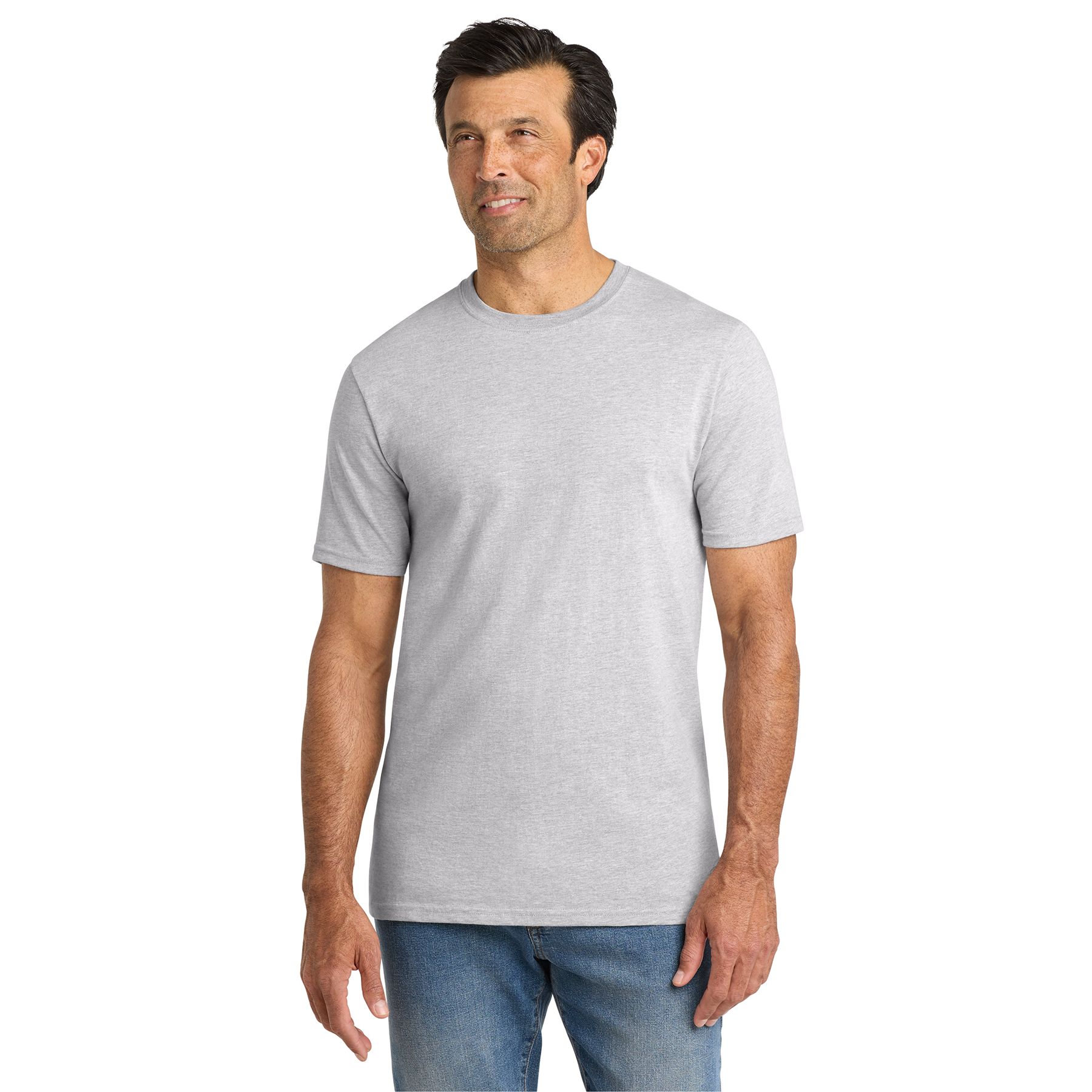 Athletic Heather heavyweight short-sleeve t-shirt made from a ring-spun cotton and polyester blend with a rib knit neck and durable everyday construction.