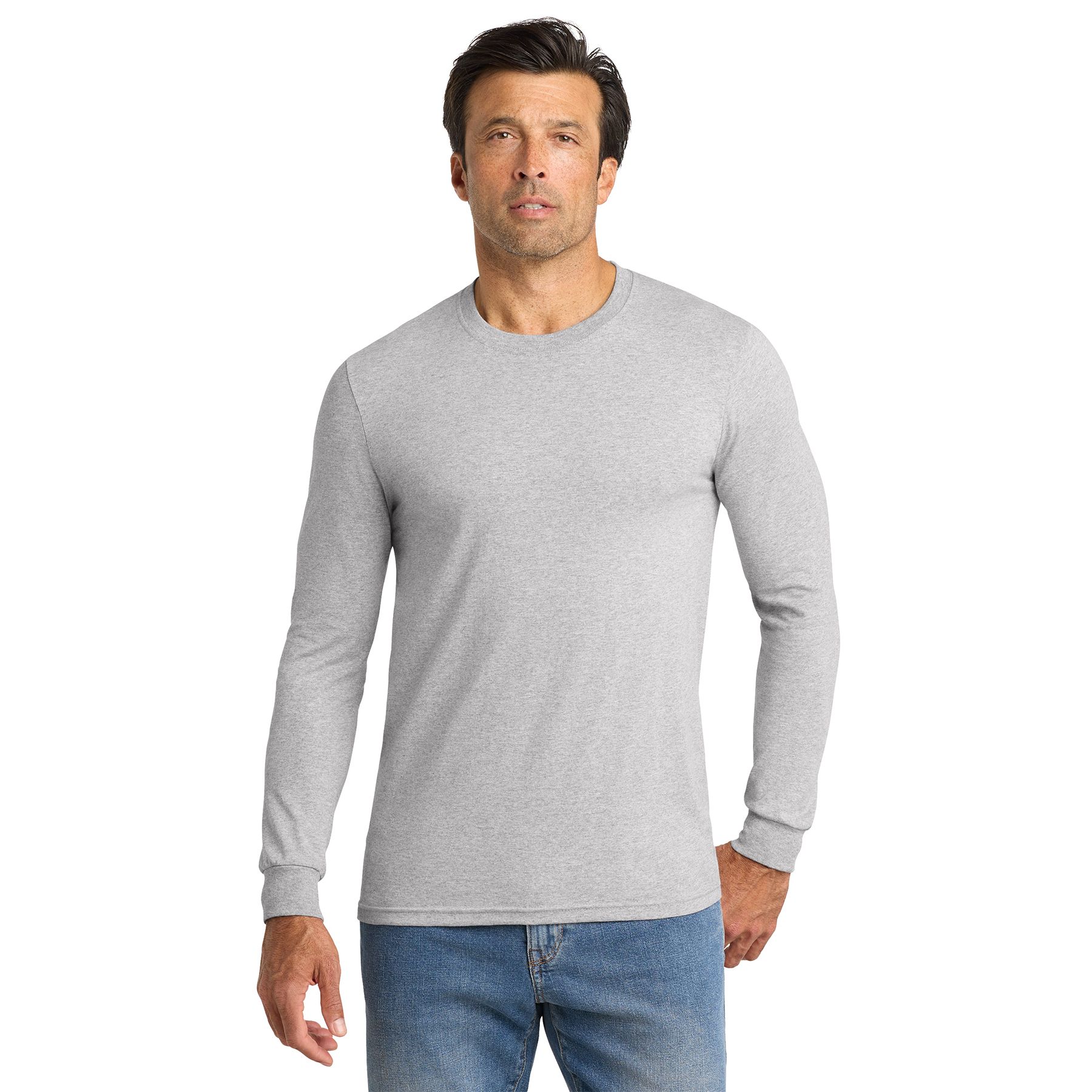 Athletic Heather Volunteer Knitwear™ All-American Long Sleeve Tee a heavyweight long-sleeve crewneck shirt with ribbed cuffs and a heathered cotton-poly fabric, suitable for everyday casual wear.