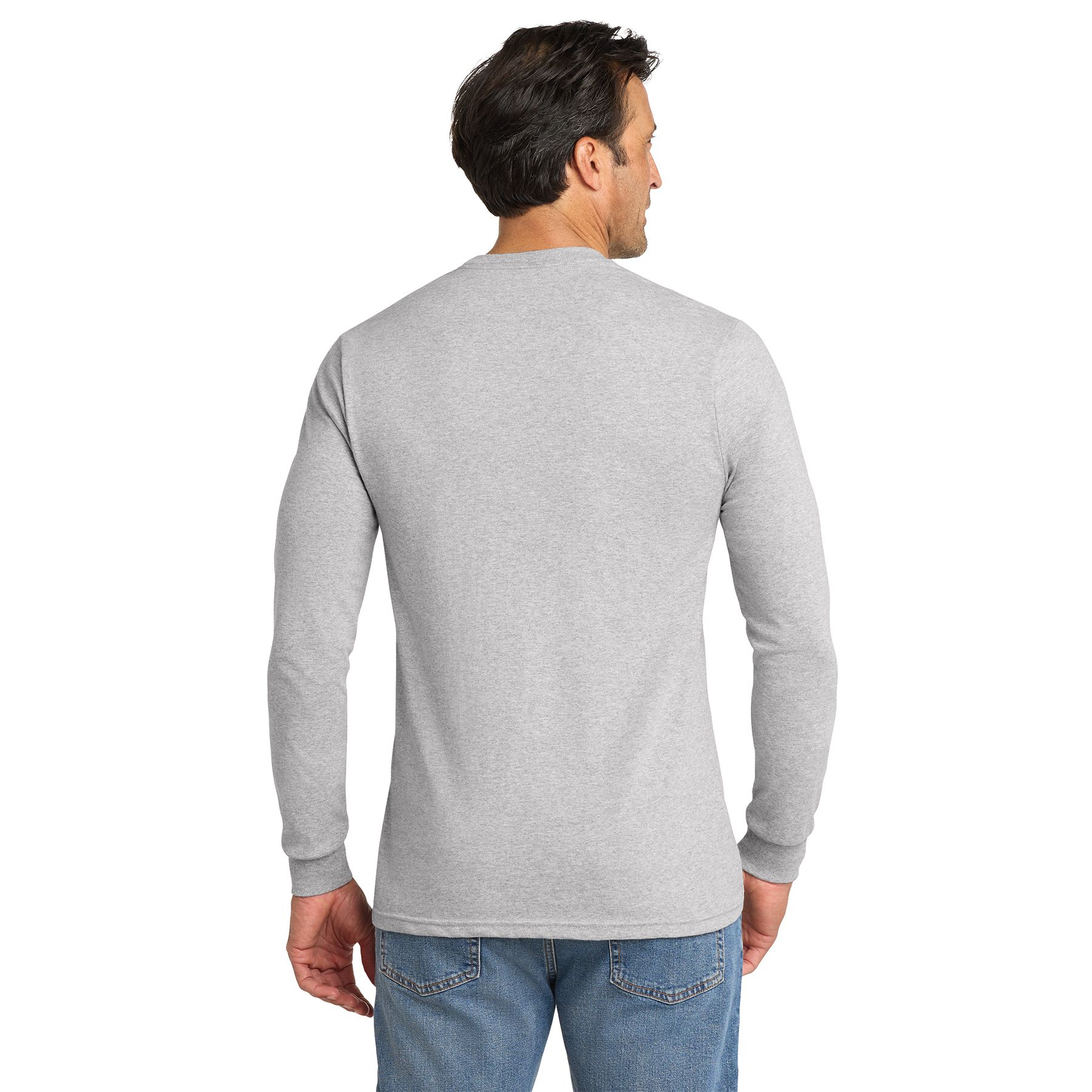Athletic Heather Volunteer Knitwear™ All-American Long Sleeve Tee a heavyweight long-sleeve crewneck shirt with ribbed cuffs and a heathered cotton-poly fabric, suitable for everyday casual wear.