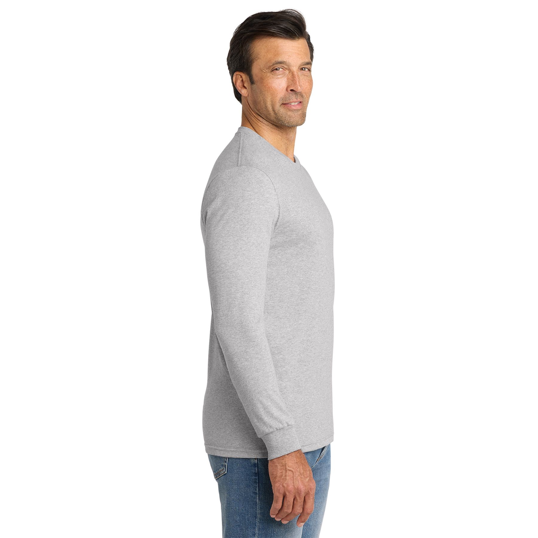 Athletic Heather Volunteer Knitwear™ All-American Long Sleeve Tee a heavyweight long-sleeve crewneck shirt with ribbed cuffs and a heathered cotton-poly fabric, suitable for everyday casual wear.