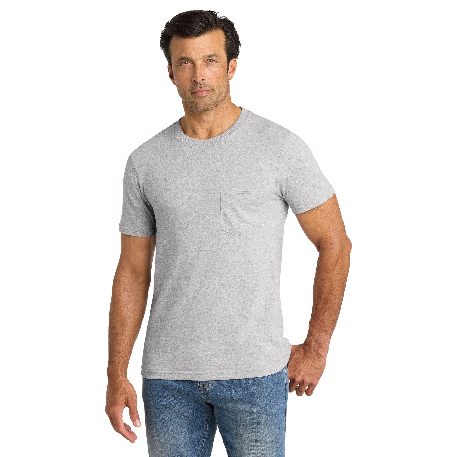 Athletic Heather Volunteer Knitwear™ All-American Pocket Tee, a heavyweight short-sleeve crewneck T-shirt made from a heathered cotton-blend fabric, featuring a chest pocket and classic set-in sleeves for durable everyday workwear and casual wear.