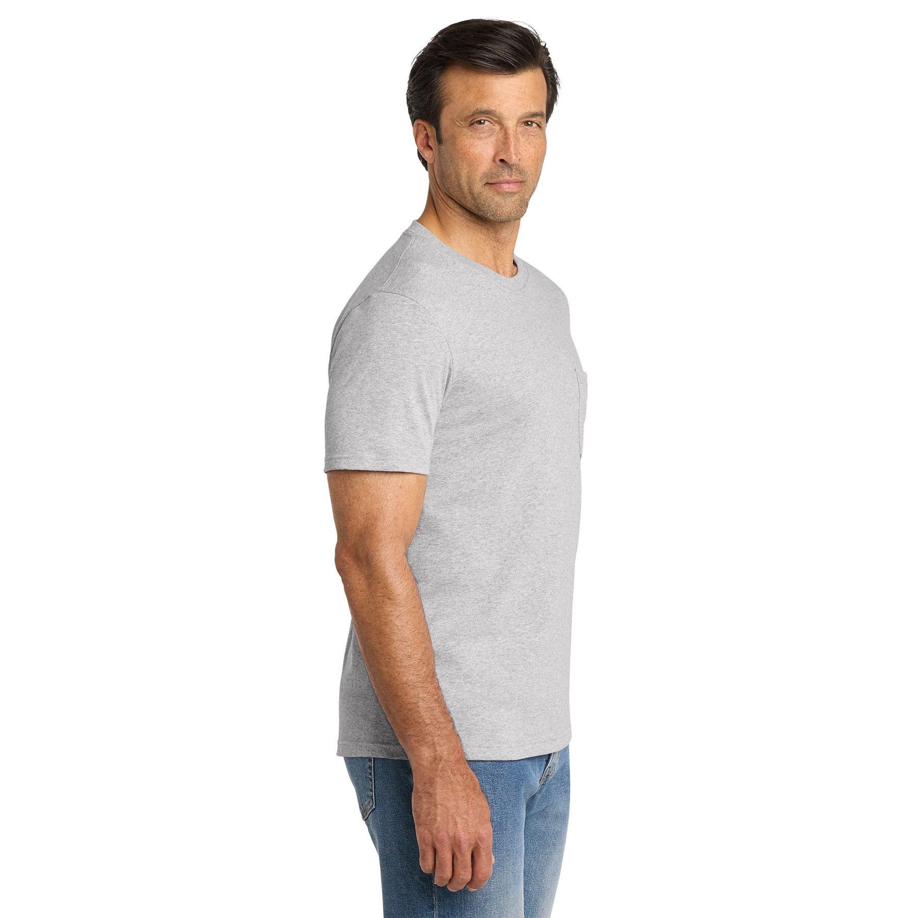 Athletic Heather Volunteer Knitwear™ All-American Pocket Tee, a heavyweight short-sleeve crewneck T-shirt made from a heathered cotton-blend fabric, featuring a chest pocket and classic set-in sleeves for durable everyday workwear and casual wear.