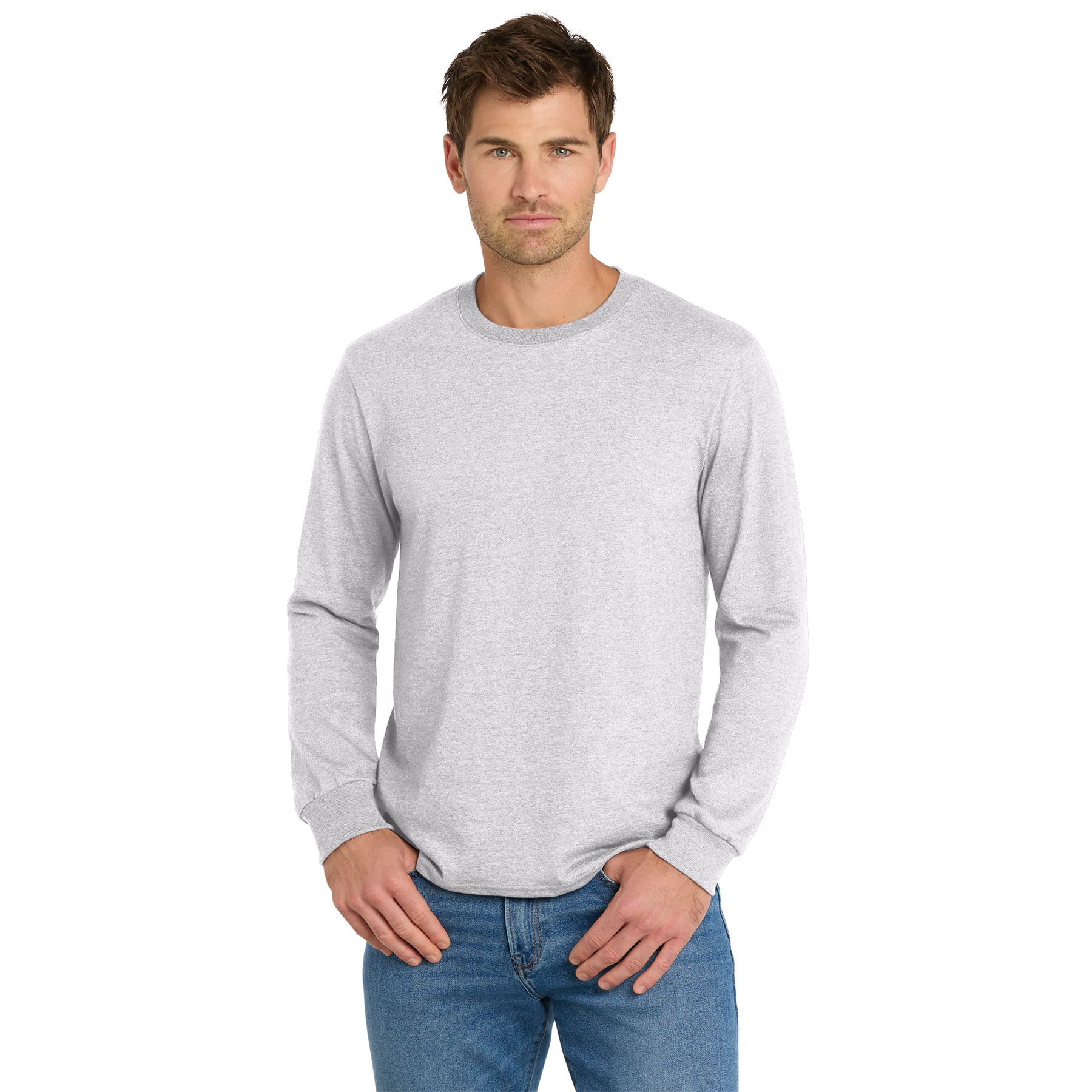 Athletic Heather long-sleeve t-shirt made from a ring-spun cotton and polyester blend with rib knit cuffs and durable everyday construction.