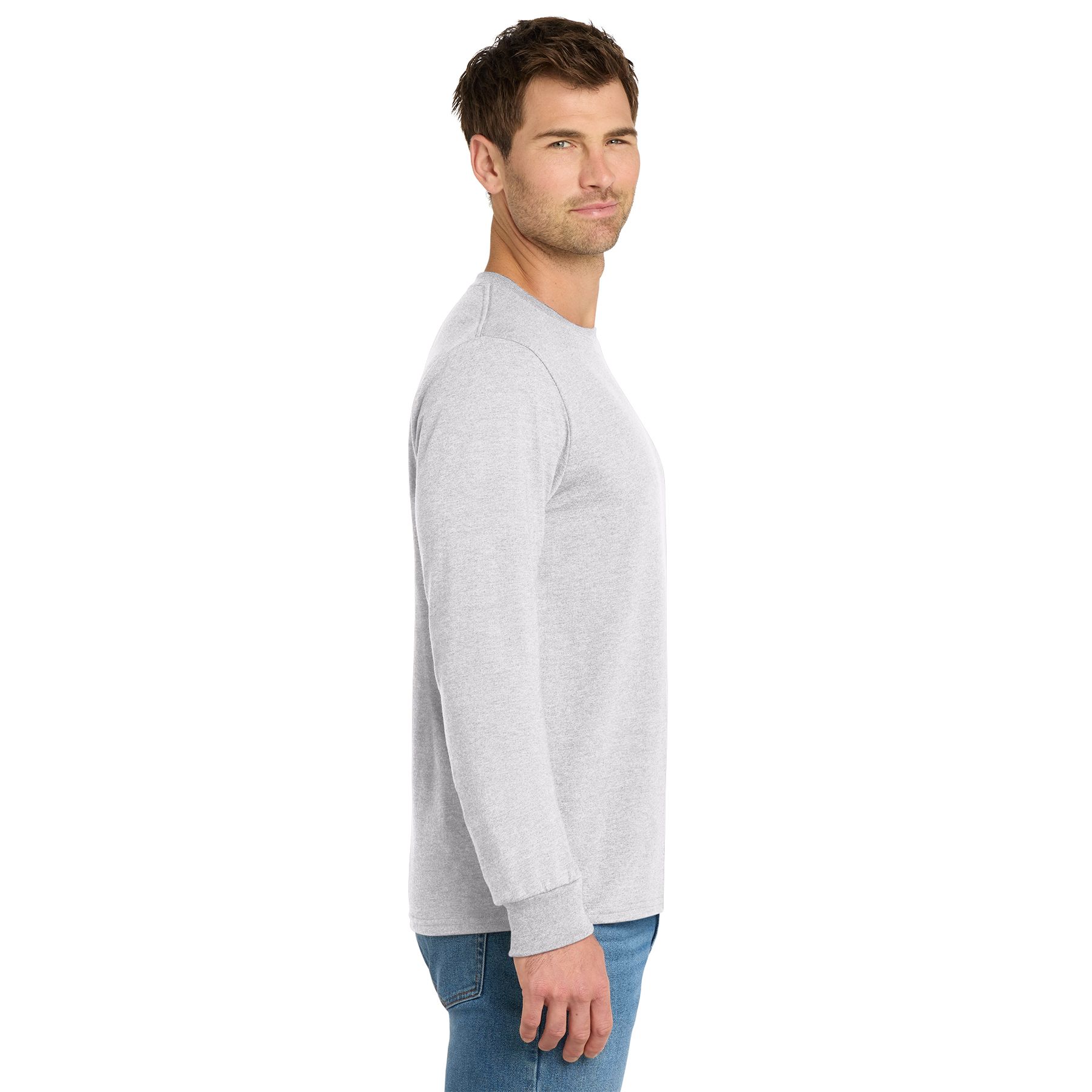 Athletic Heather long-sleeve t-shirt made from a ring-spun cotton and polyester blend with rib knit cuffs and durable everyday construction.