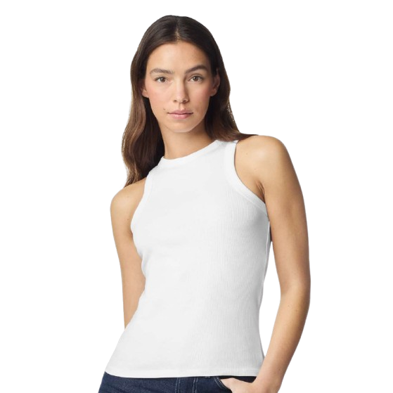 White women's baby rib tank made from cotton-spandex blend with a fitted silhouette, full-length design, side seams, and soft stretch fabric.