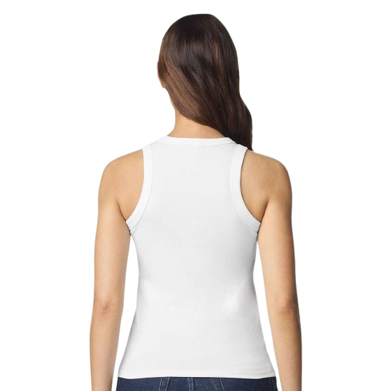 White women's baby rib tank made from cotton-spandex blend with a fitted silhouette, full-length design, side seams, and soft stretch fabric.