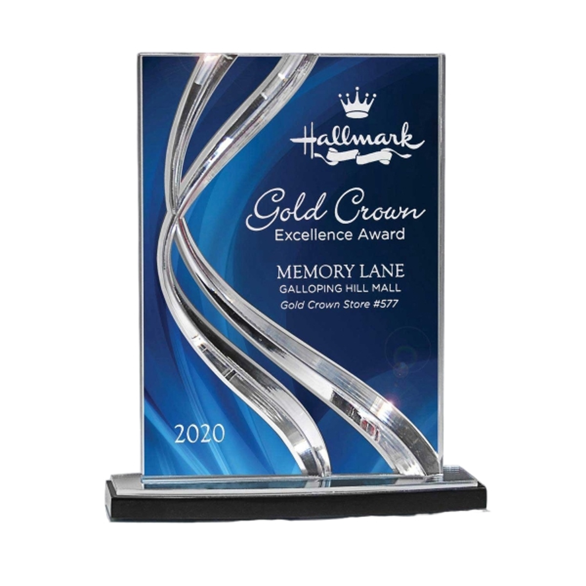 Small sweeping ribbon award with a flowing curved design and engraved personalization.