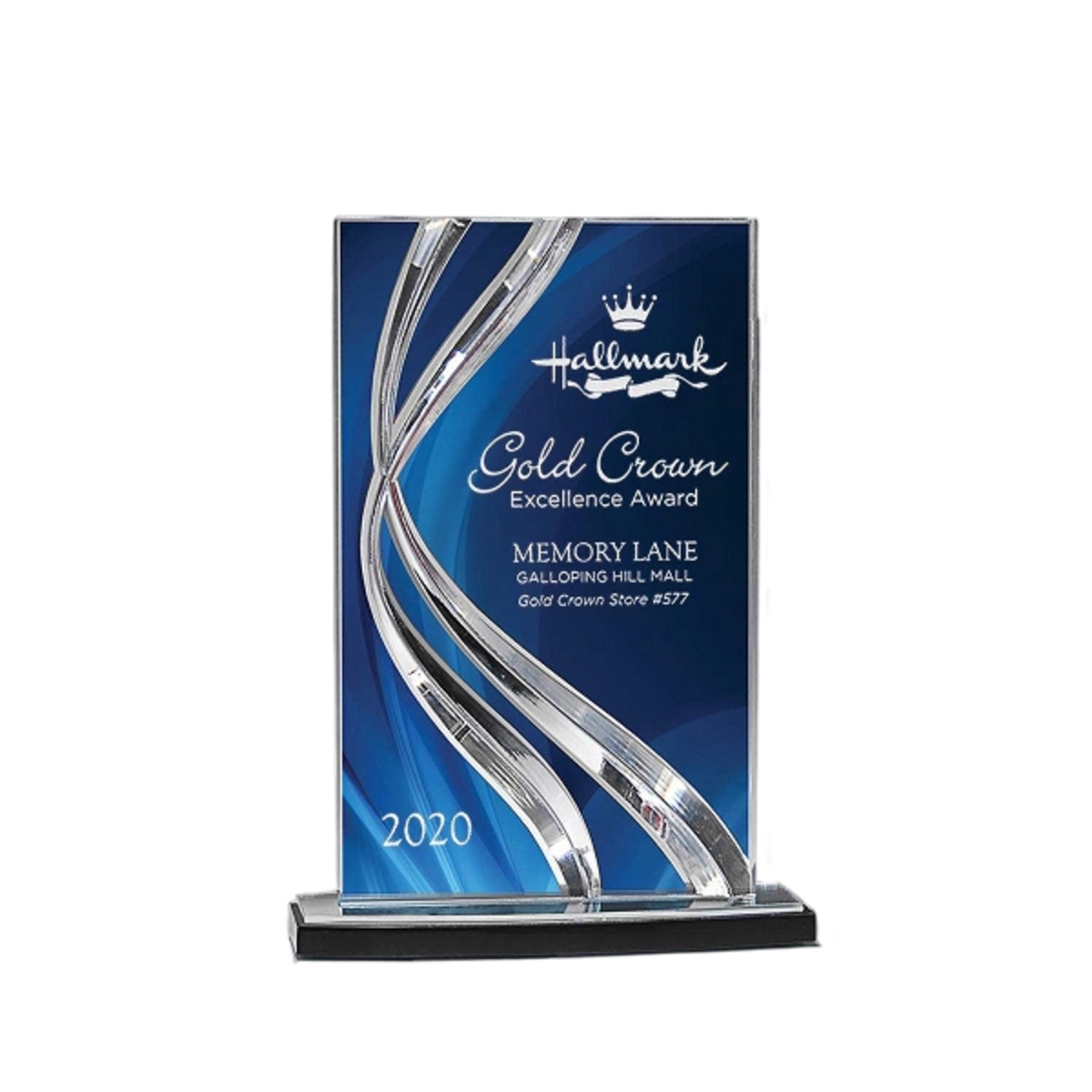 Medium sweeping ribbon award with a flowing curved glass design and engraved personalization.