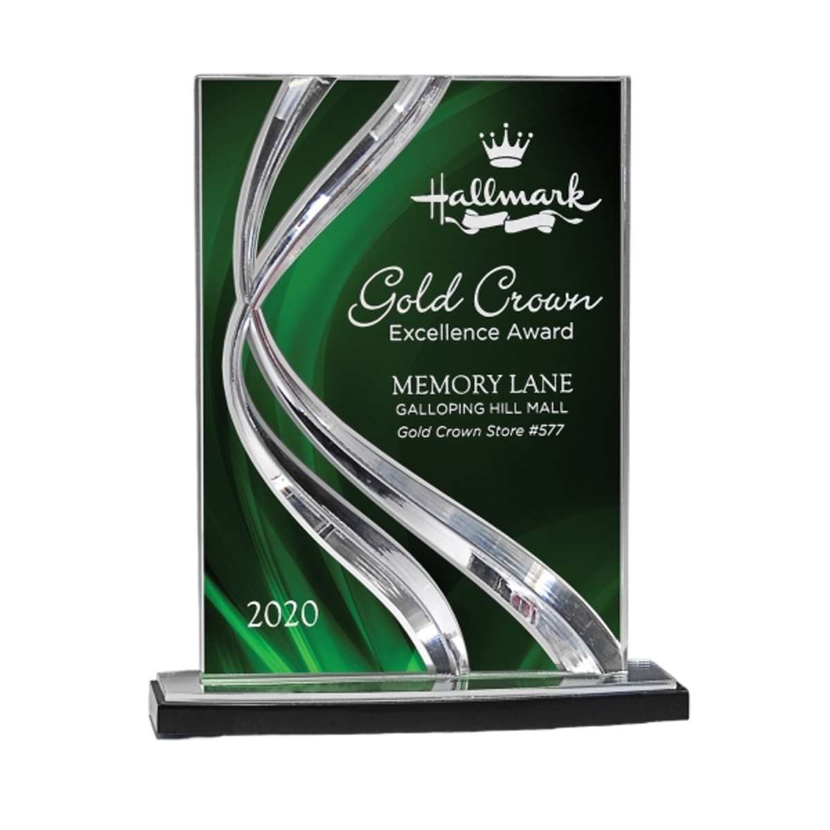 Small green glass award with a clean rectangular design and engraved personalization.