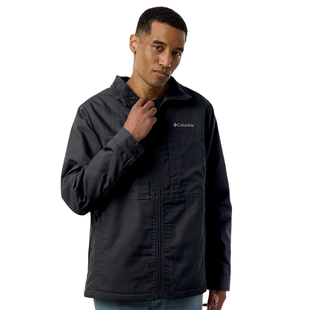 Black Columbia Loma Vista Jacket, featuring a cotton/polyester with a zip-front closure, stand collar, and multiple pockets for outdoor wear and everyday cold-weather layering.
