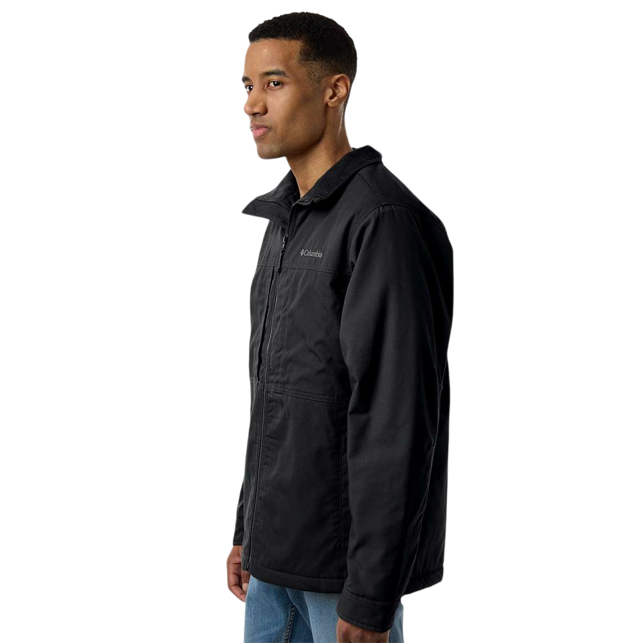 Black Columbia Loma Vista Jacket, featuring a cotton/polyester with a zip-front closure, stand collar, and multiple pockets for outdoor wear and everyday cold-weather layering.