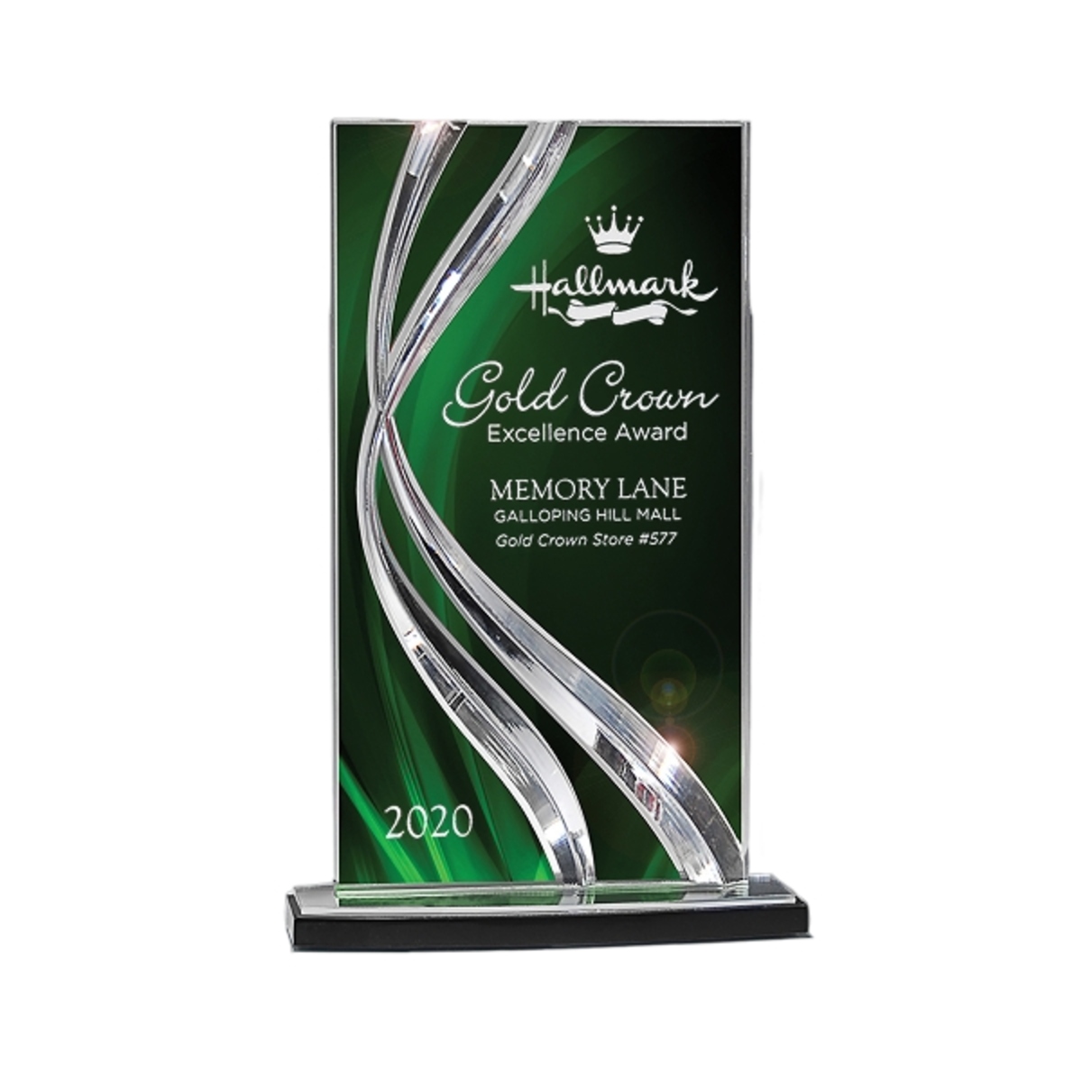 Large green glass award with a sleek rectangular design and engraved personalization.