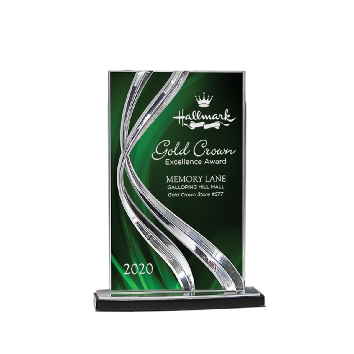 Medium green glass award with a clean rectangular design and engraved personalization.