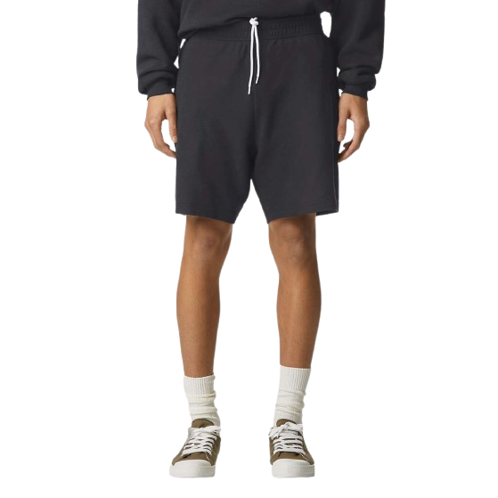 Black unisex pique gym shorts made from heavyweight ring-spun cotton pique fabric with a relaxed fit, elastic waistband, internal drawcord, and side and back pockets.