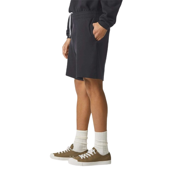 Black unisex pique gym shorts made from heavyweight ring-spun cotton pique fabric with a relaxed fit, elastic waistband, internal drawcord, and side and back pockets.