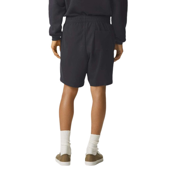 Black unisex pique gym shorts made from heavyweight ring-spun cotton pique fabric with a relaxed fit, elastic waistband, internal drawcord, and side and back pockets.