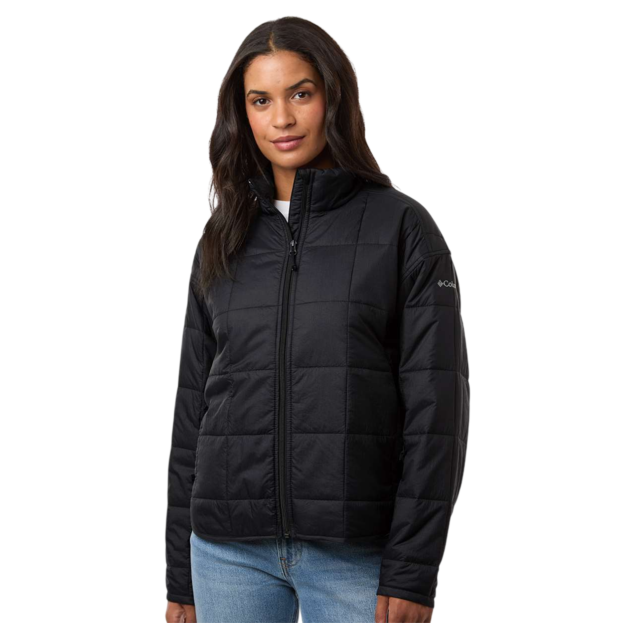 Black Columbia Sienna Hill Jacket, featuring a quilted insulated design with a full-zip front, stand collar, and side pockets for everyday wear and cold-weather layering.