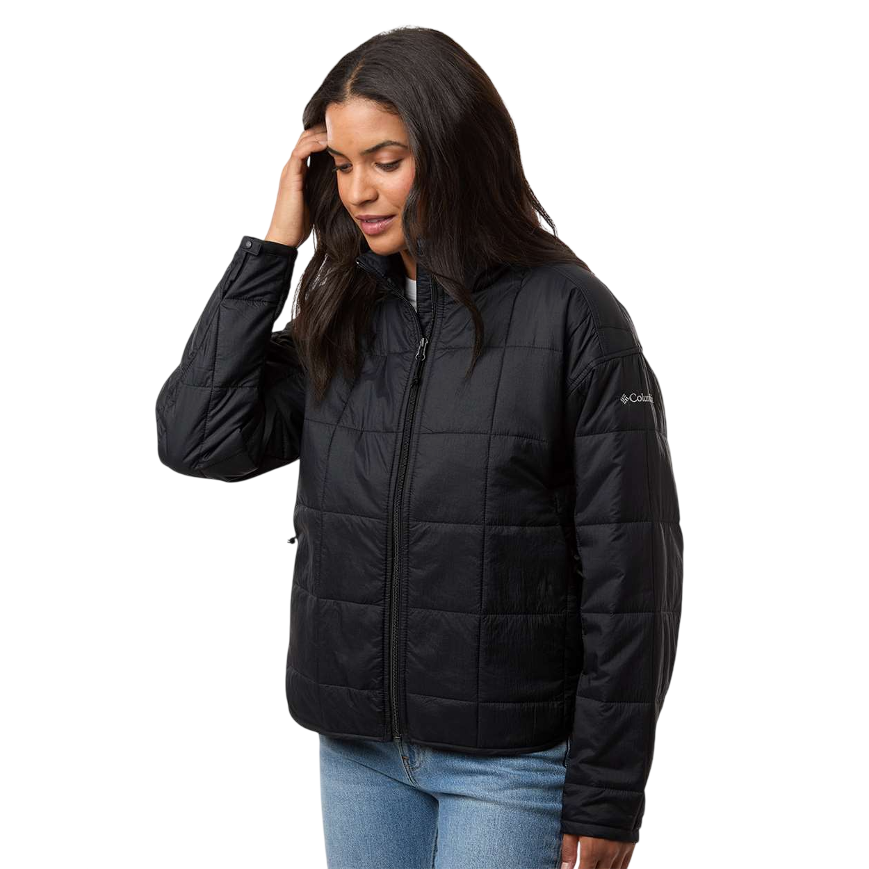 Black Columbia Sienna Hill Jacket, featuring a quilted insulated design with a full-zip front, stand collar, and side pockets for everyday wear and cold-weather layering.