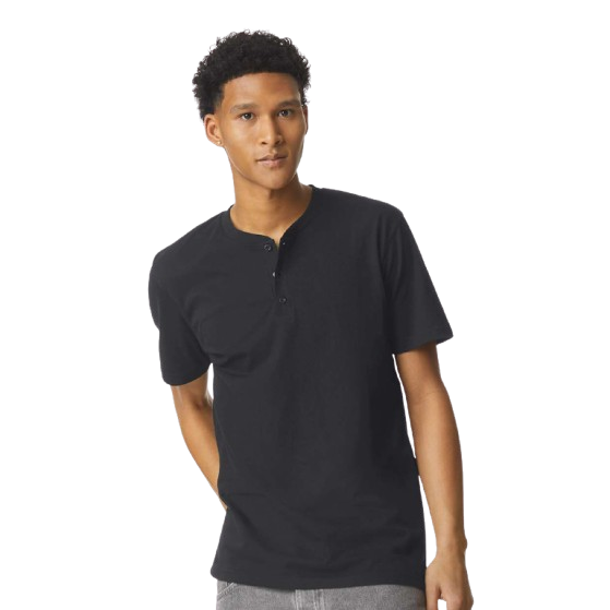Black unisex henley tee made from combed ring-spun cotton and recycled polyester blend with a relaxed fit, slim button placket, short sleeves, and side seam construction.
