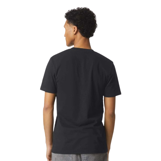Black unisex henley tee made from combed ring-spun cotton and recycled polyester blend with a relaxed fit, slim button placket, short sleeves, and side seam construction.