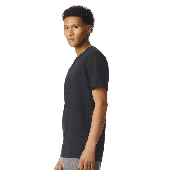 Black unisex henley tee made from combed ring-spun cotton and recycled polyester blend with a relaxed fit, slim button placket, short sleeves, and side seam construction.