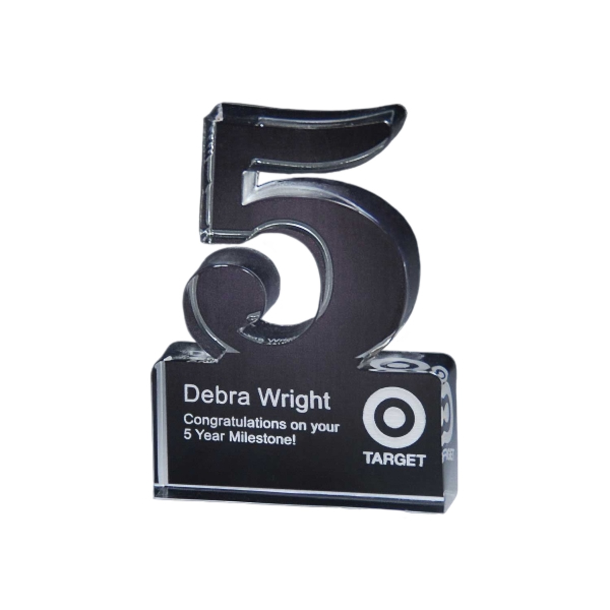 Freestanding 5-year anniversary award in black with a modern design and engraved personalization.
