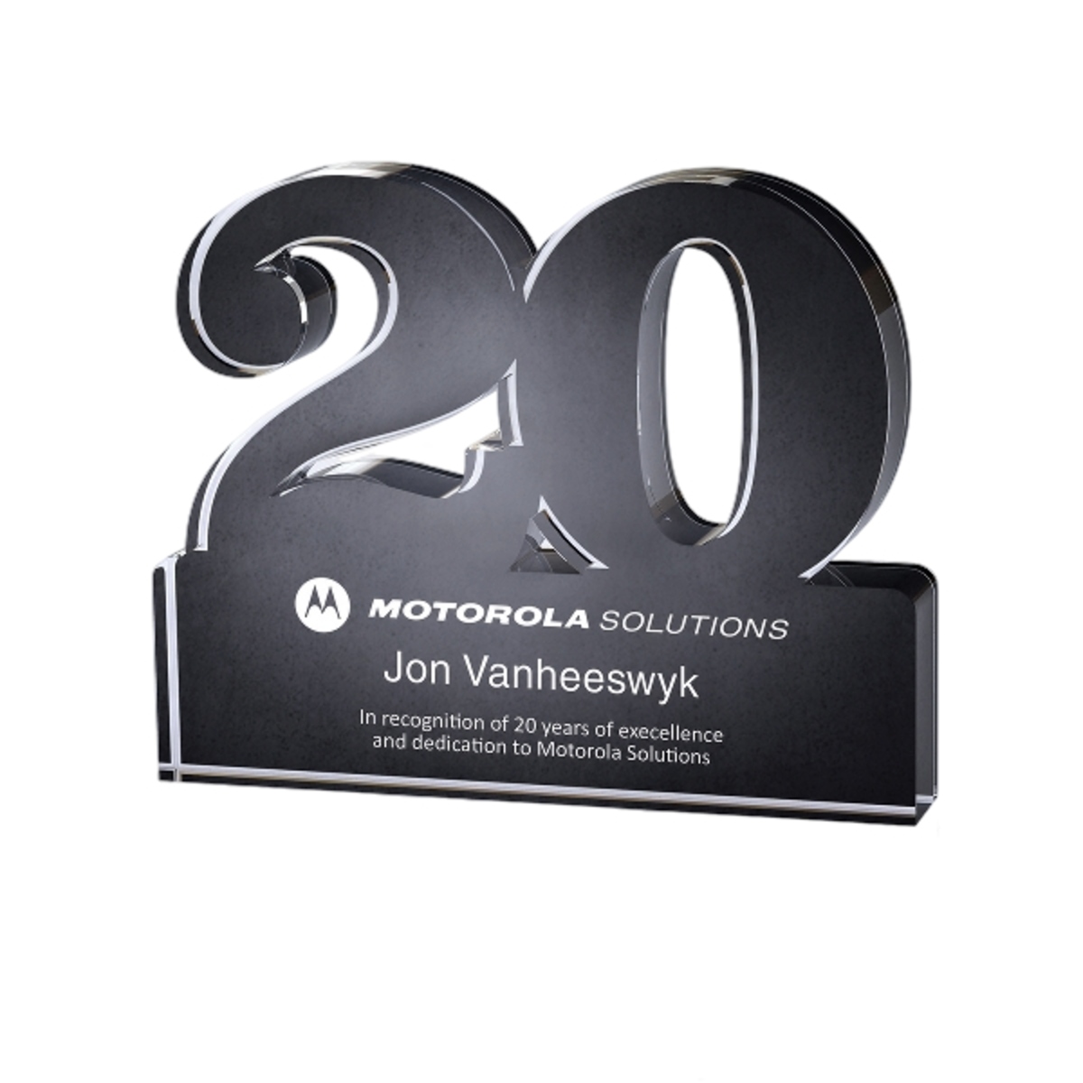 Freestanding 20-year anniversary award in black with a modern design and engraved personalization.