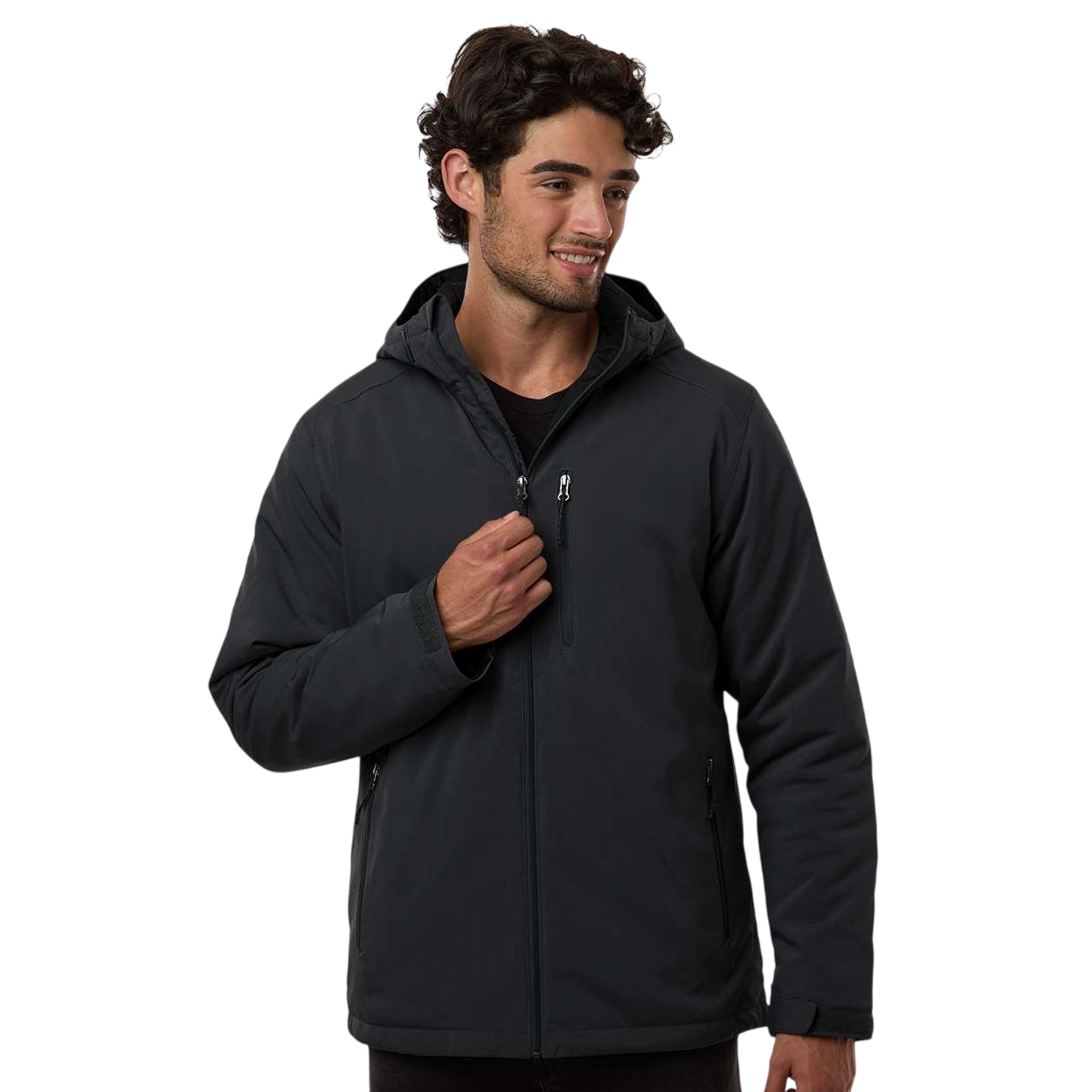 Black Columbia Men's Gate Racer™ II Soft Shell Jacket, featuring a smooth stretch softshell exterior with a full-zip front, stand collar, zippered pockets, and color-block accents for outdoor activities and everyday wear.