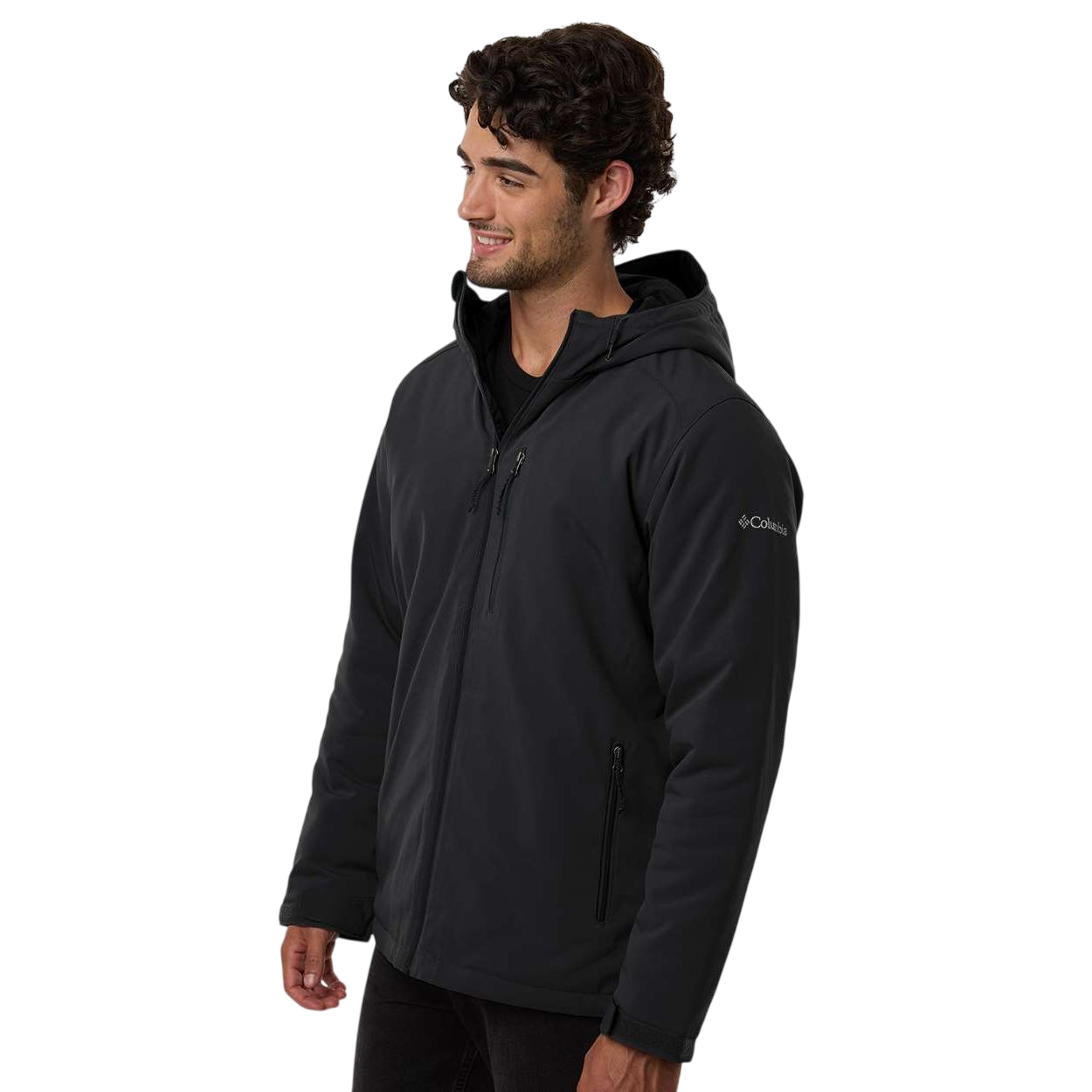 Black Columbia Men's Gate Racer™ II Soft Shell Jacket, featuring a smooth stretch softshell exterior with a full-zip front, stand collar, zippered pockets, and color-block accents for outdoor activities and everyday wear.