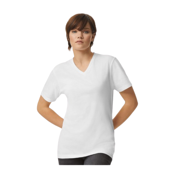 White unisex V-neck tee made from combed ring-spun cotton and recycled polyester blend with a relaxed fit, narrow ribbed V-neck collar, and side seam construction.