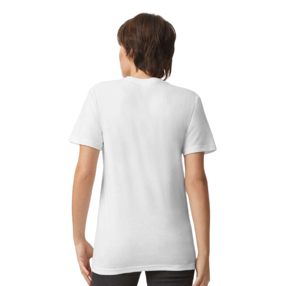 White unisex V-neck tee made from combed ring-spun cotton and recycled polyester blend with a relaxed fit, narrow ribbed V-neck collar, and side seam construction.