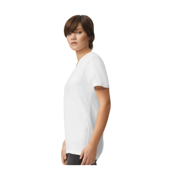 White unisex V-neck tee made from combed ring-spun cotton and recycled polyester blend with a relaxed fit, narrow ribbed V-neck collar, and side seam construction.