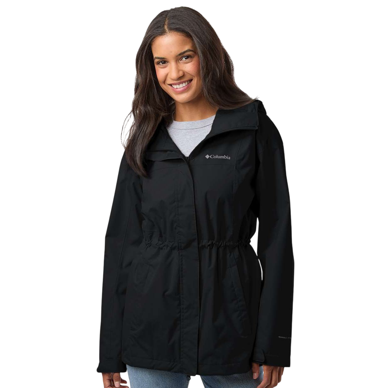 Black Columbia Women's Hikebound™ II Long Jacket, featuring a waterproof shell with an adjustable hood, full-zip front, zippered hand pockets, and a clean outdoor design for hiking and wet-weather protection.