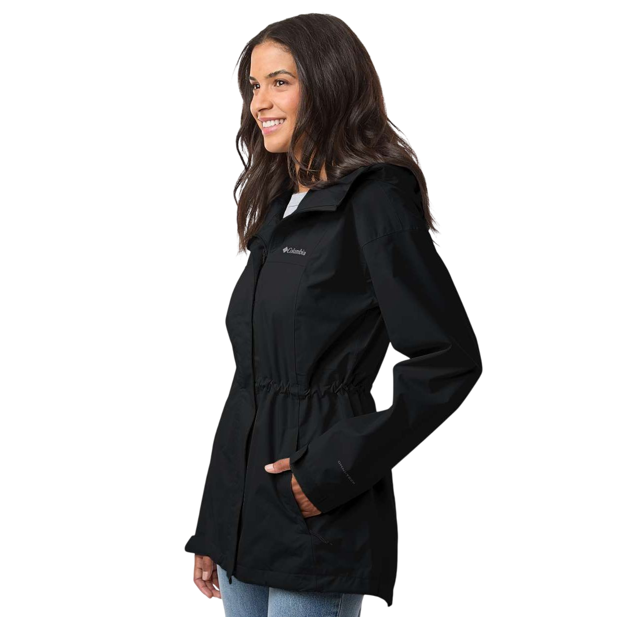 Black Columbia Women's Hikebound™ II Long Jacket, featuring a waterproof shell with an adjustable hood, full-zip front, zippered hand pockets, and a clean outdoor design for hiking and wet-weather protection.