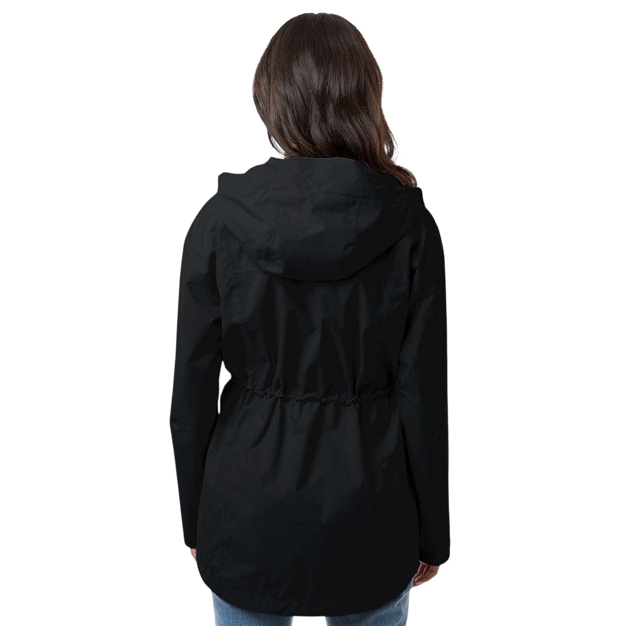 Black Columbia Women's Hikebound™ II Long Jacket, featuring a waterproof shell with an adjustable hood, full-zip front, zippered hand pockets, and a clean outdoor design for hiking and wet-weather protection.