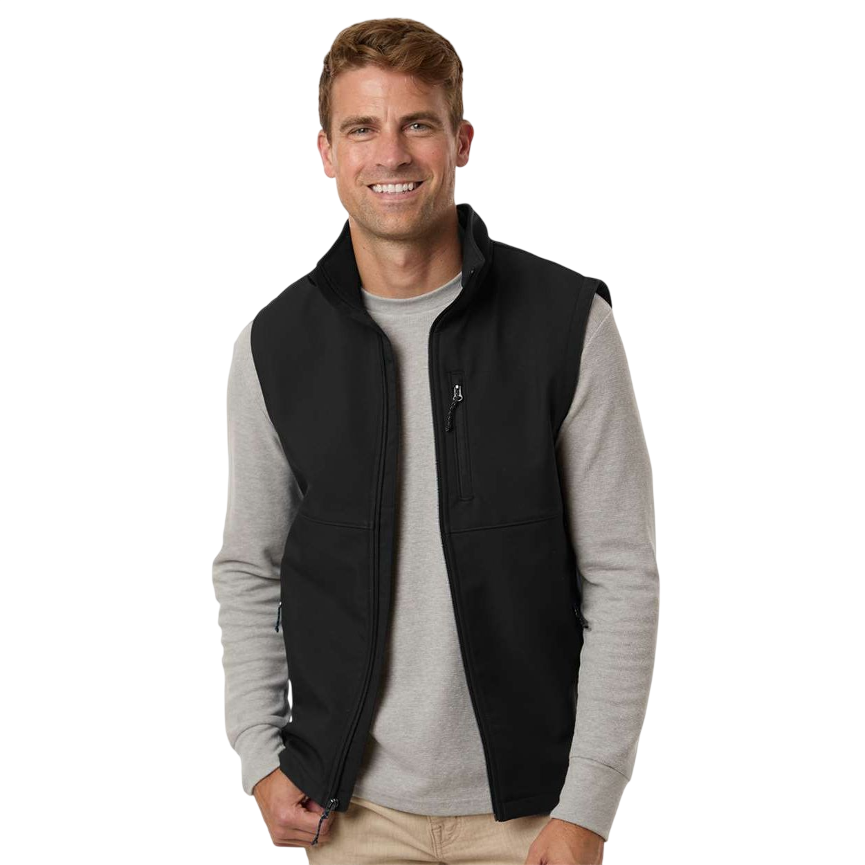 Black Columbia Men's Ascender™ II Soft Shell Vest, featuring a smooth water-resistant softshell fabric with a full-zip front, stand collar, and zippered hand pockets for outdoor activities and everyday layering.