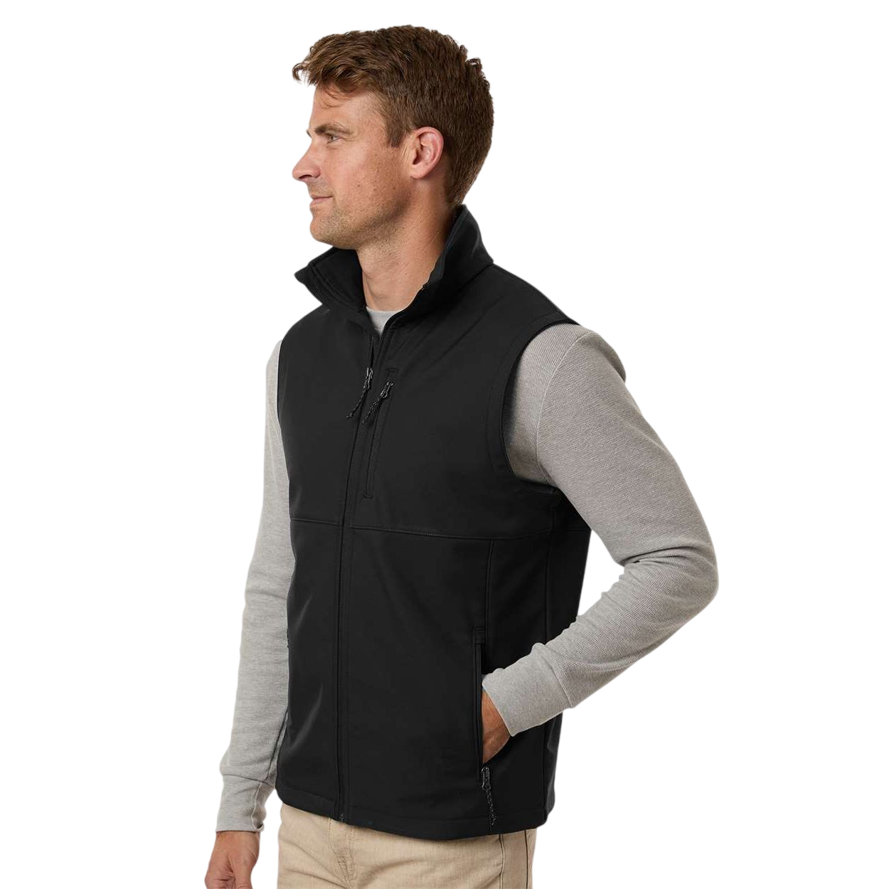 Black Columbia Men's Ascender™ II Soft Shell Vest, featuring a smooth water-resistant softshell fabric with a full-zip front, stand collar, and zippered hand pockets for outdoor activities and everyday layering.