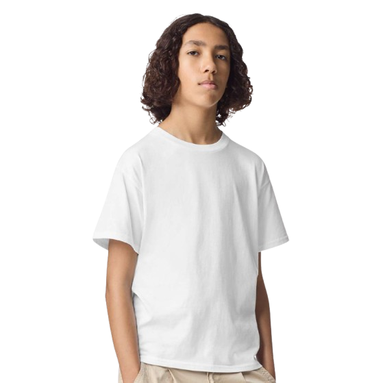 White youth fine jersey tee made from combed ring-spun cotton with a relaxed fit, ribbed crewneck collar, short sleeves, and side seam construction.