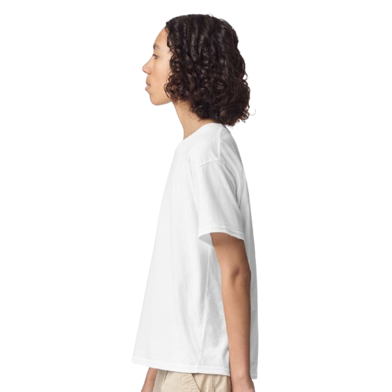 White youth fine jersey tee made from combed ring-spun cotton with a relaxed fit, ribbed crewneck collar, short sleeves, and side seam construction.