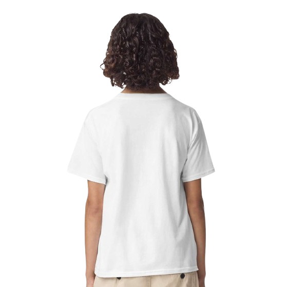 White youth fine jersey tee made from combed ring-spun cotton with a relaxed fit, ribbed crewneck collar, short sleeves, and side seam construction.