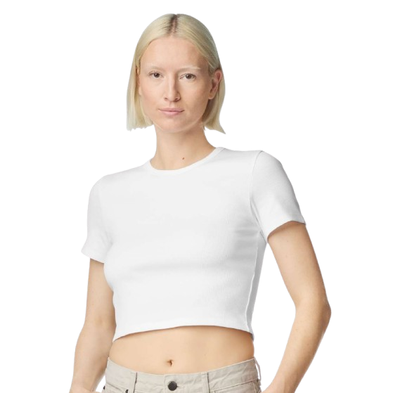White women's cropped baby rib tee made from a cotton-spandex blend with a stretch fit, side seams, rolled forward shoulders, and soft rib-knit construction.