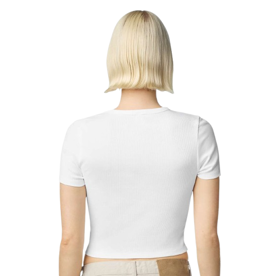 White women's cropped baby rib tee made from a cotton-spandex blend with a stretch fit, side seams, rolled forward shoulders, and soft rib-knit construction.
