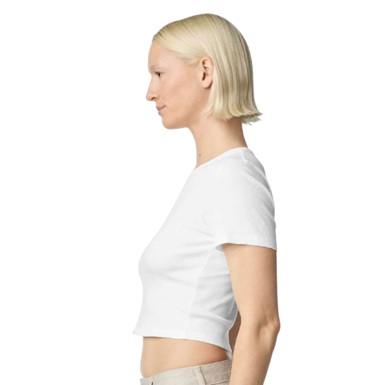 White women's cropped baby rib tee made from a cotton-spandex blend with a stretch fit, side seams, rolled forward shoulders, and soft rib-knit construction.