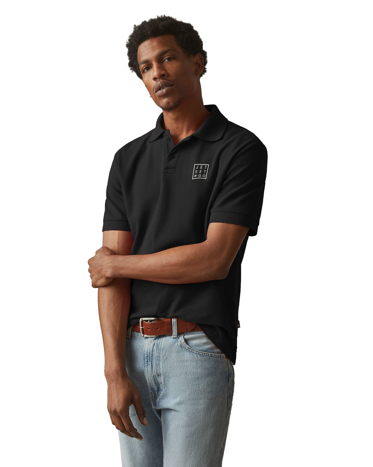 Black men's cotton pique polo shirt with stand-up collar, garment-dyed finish, short sleeves, and classic fit styling for casual or business-casual wear.