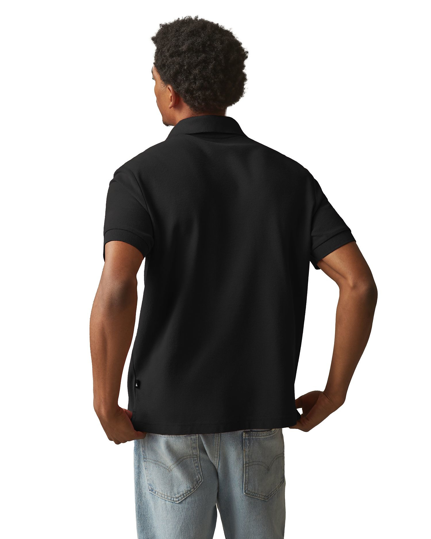 Black men's cotton pique polo shirt with stand-up collar, garment-dyed finish, short sleeves, and classic fit styling for casual or business-casual wear.